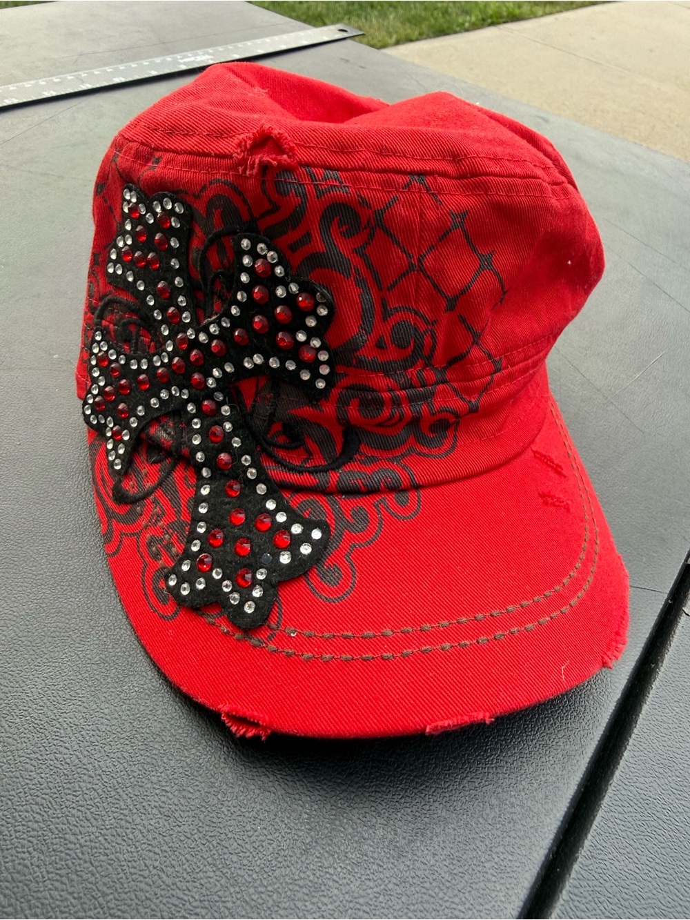 Leader L.O.G.A Red with Brown cross, Distressed painters hat/cap Bedazzled